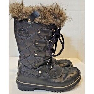 EUC Sorel Tofino II Faux Fur Lined Black Quilted Waterproof Snow Boots 6 Winter